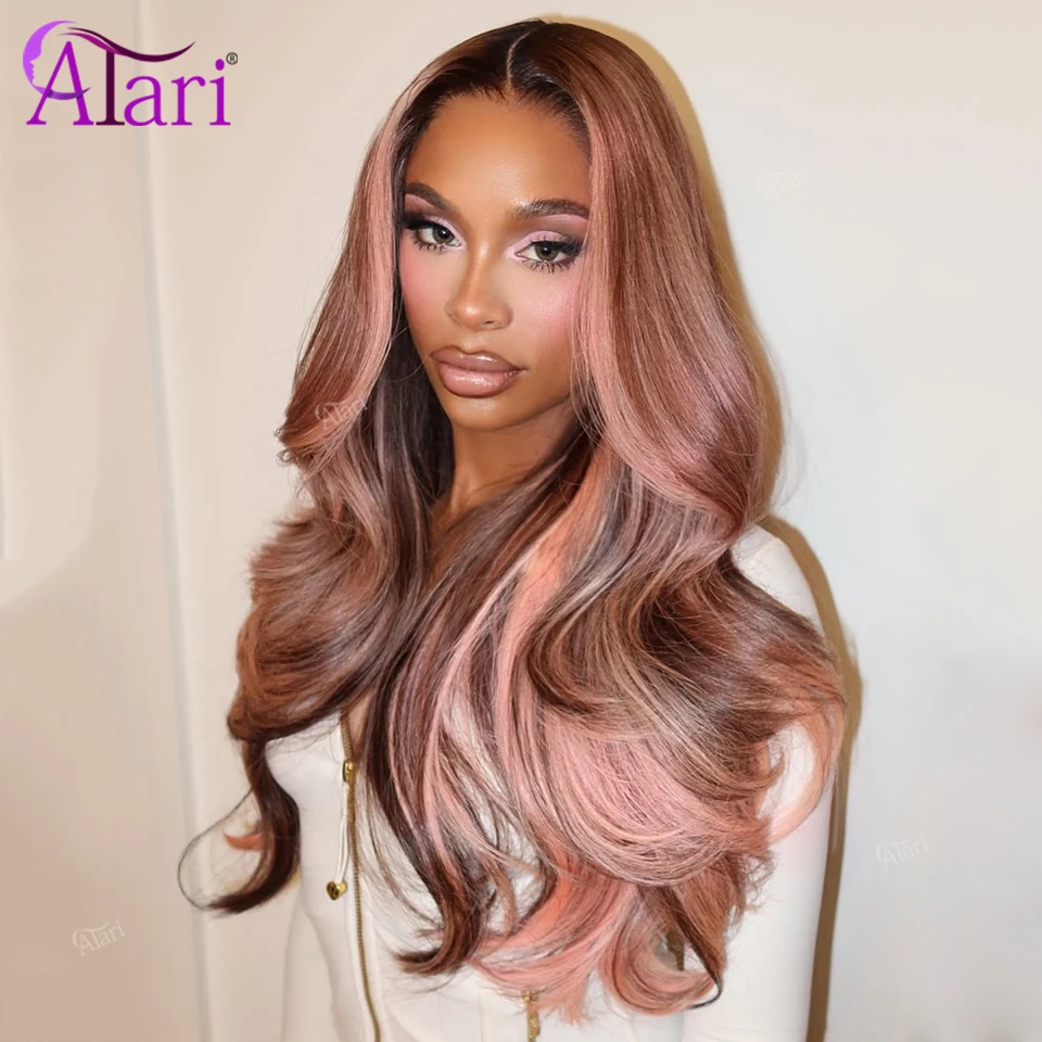 Mehrere Highlights: Farbige 13x4 13x6 Lace Frontal Body Wave Perücke, Rosa-Braun, Echthaar-Perücken, vorgezupft, brasilianisches Remy-Haar für Damen