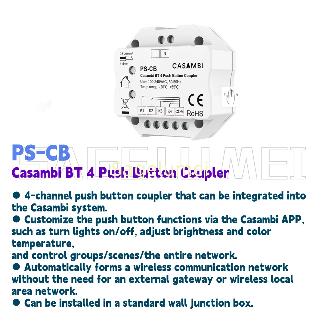 Skydance New 50-60Hz PS-CB Casambi BT 4 Push Button Coupler 100-240VAC 1-4 Push switch Bluetooth Casambi APP Dimmable LED Lamp