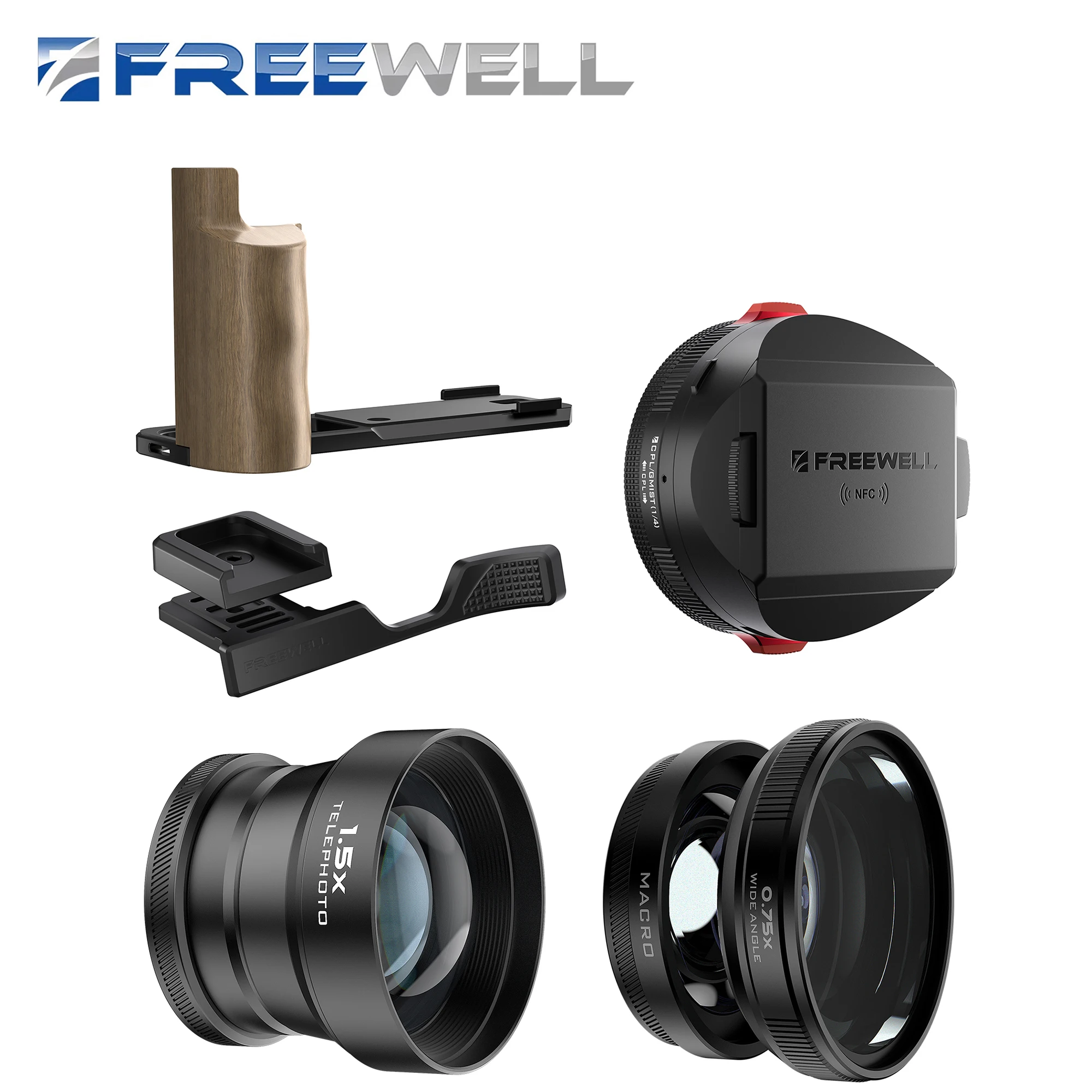 كاميرا Freewell Fuji X100VI عدسة مقربة 1.5x، عدسة ماكرو بزاوية واسعة، غطاء عدسة حقيقي، قبضة الإبهام وملحقات قبضة قوس L