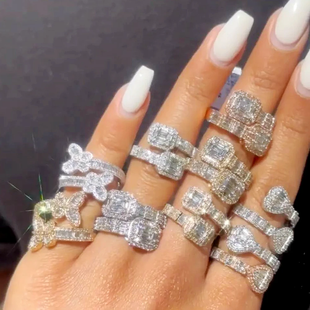 Full Paved Bling Cubic Zirconia Open Heart Rings Iced Out CZ Double Heart Staple Charm Adjusted Hip Hop Finger Jewelry For Women