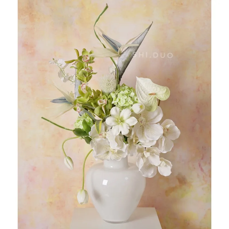 Pick up the original high-end sense of Oriental aesthetics simulation flower art white and green clear soft decoration bouquet l