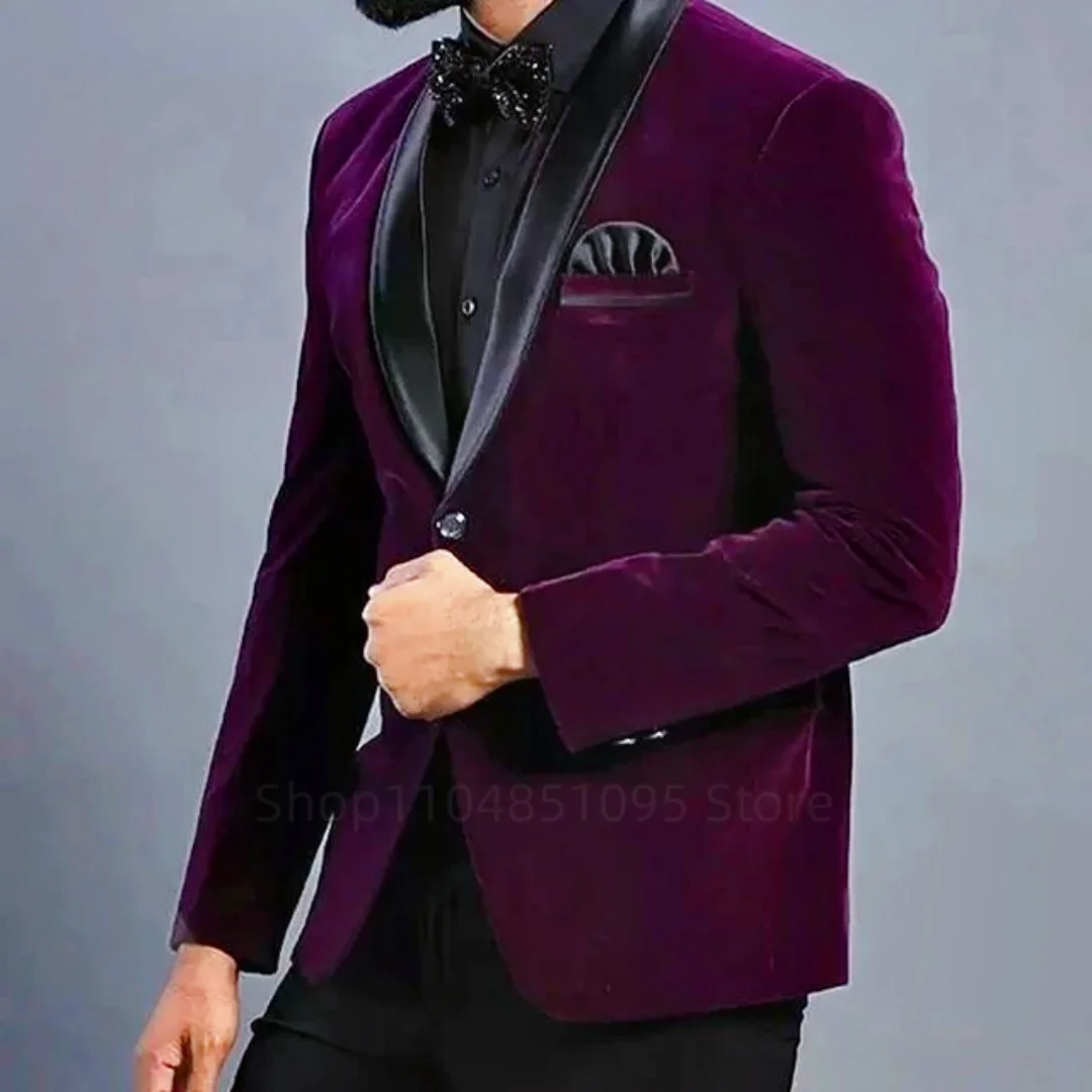 بدلات رجالية مخملية بقصة ضيقة فستان زفاف غير رسمي ذكي شال وطية صدر السترة سترة العريس البدلات الرسمية للأعمال 2 قطعة مجموعات (سترة + بنطلون)