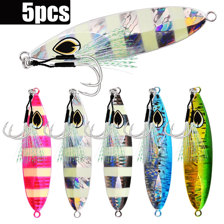 

5pcs Slow Jigging Metal Jig Fishing Lures 80g100g 120g Luminous Bait Saltwater Lure Articulos De Pesca Isca Artificial Fake Fish