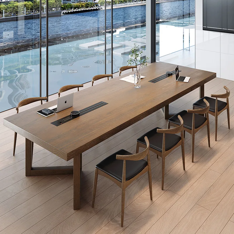 

Simple modern solid wood conference table with socket reception table and chair combination log large board workbench long table