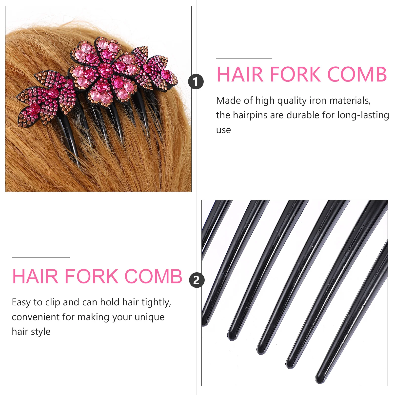 

2 pcs Rhinestone Hairpin Comb Anti-Slip Hair Fork Stick For Women Girls Pink Firm Hold Beach Wedding Party Daily Use Hair Fork