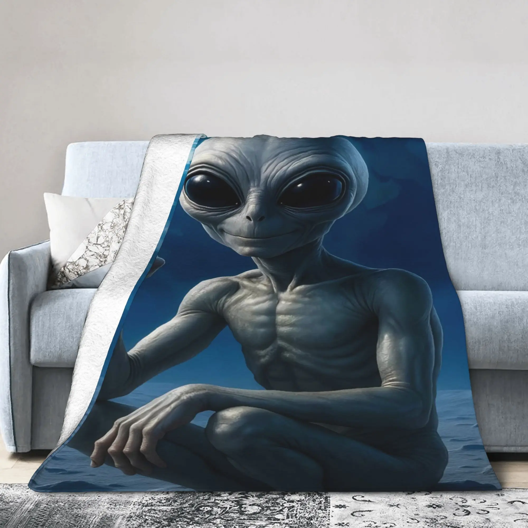 Grey Alien Sitting Cross Legged Making Peace Sign Earth Blanket Flannel Bedspread For Sofa Bed Cover