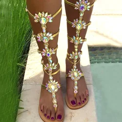 2024 Roman Rhinestone New Women Summer New Jelly Sandals Bling Knee High Sandals Ladies Outdoor Beach Sandals Flat Shoes