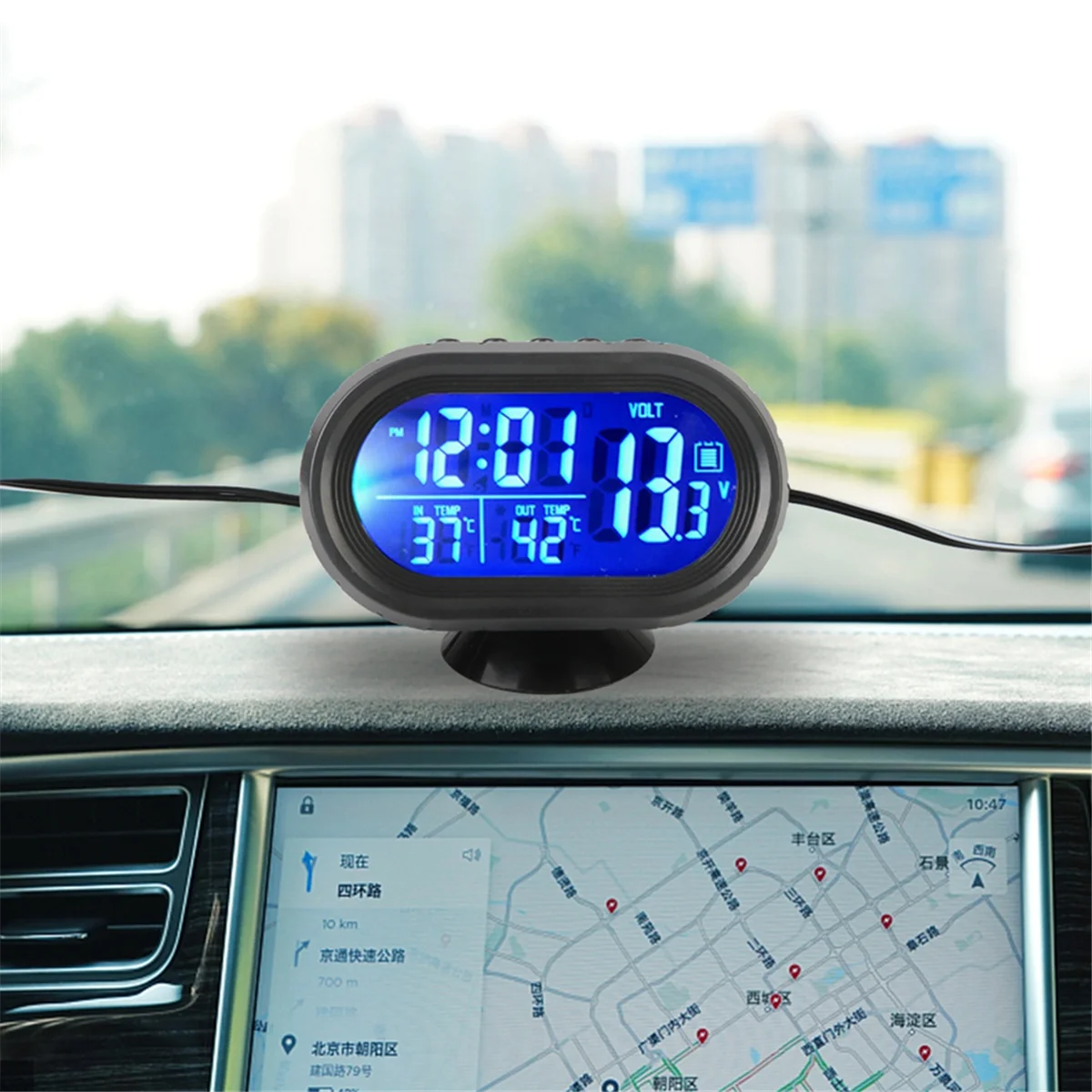 #39P Automotive Parts & Accessories,Interior Accessories 3 in 1 Car Voltmeter Thermometer Clock 12V/24V,Black