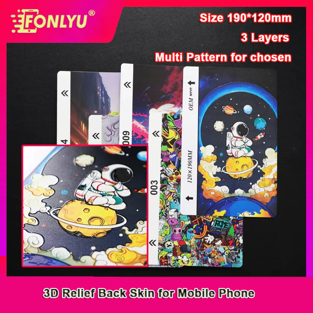 

FONLYU 50pcs 3D Relief Phone Back Skin Stickers Embossed Colorful Printed Rear Membrane Cover for Hydrogel Cutting Machine