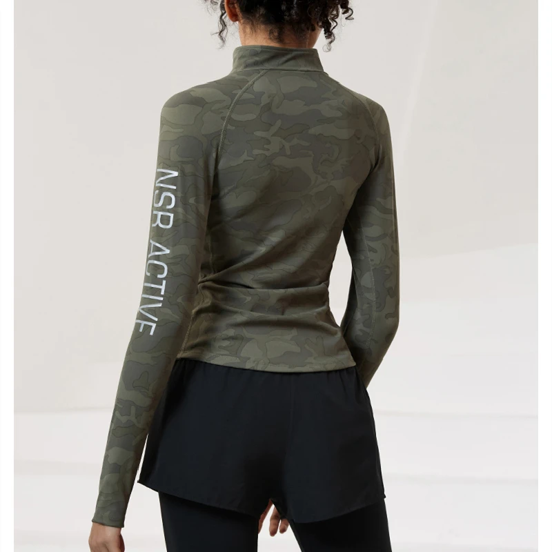 Alta qualità palestra Camouflage Sport maniche lunghe Running Women stretto mezza cerniera Yoga magliette allenamento Top Athletic Fitness Tops