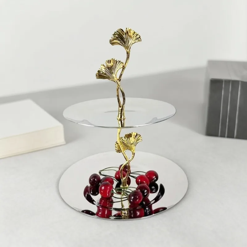 Nordic Modern Snack Plates Minimalist Round Double‑Tier Stainless Steel Metal Ginkgo Leaf Fruit Plates Household Tableware