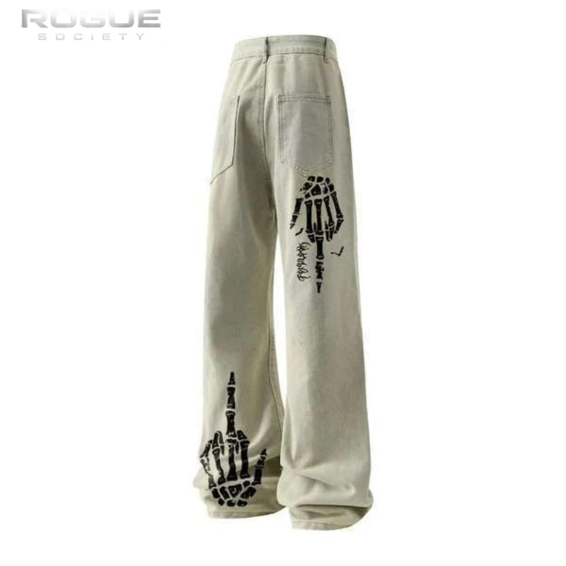 

American Retro Grunge Skeleton Print Flare Jeans Unisex Y2k High Waist Washed Distressed Denim Pants Vintage Streetwear Harajuku