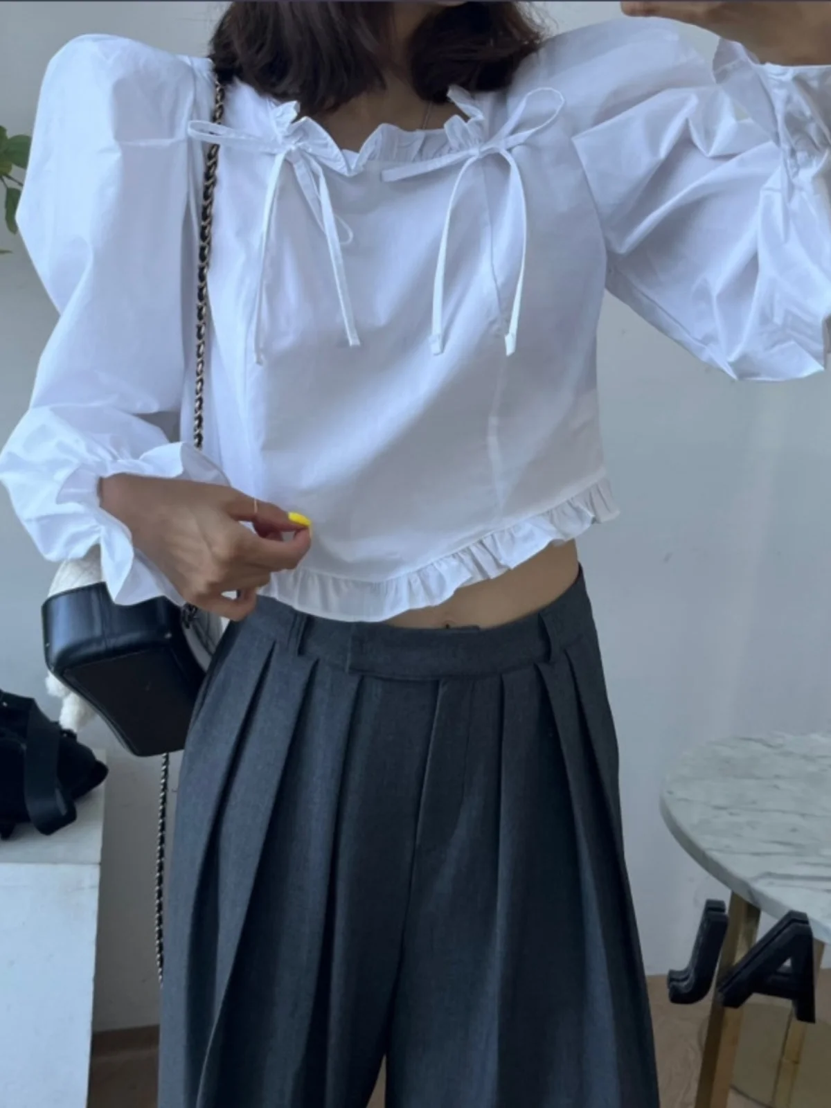 

Chic Bubble Sve irt Women's Straight Cut ort Sle Cotton Blend Knot Splice Agel Commute Faion High Waist