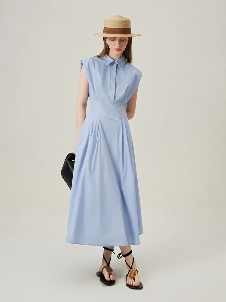 FSLE Sleeveless Dress Elegant Cotton Commuter Female Long Dresses Summer 2024 Minimalist Blue Khaki Shirt Dress 24FS12337