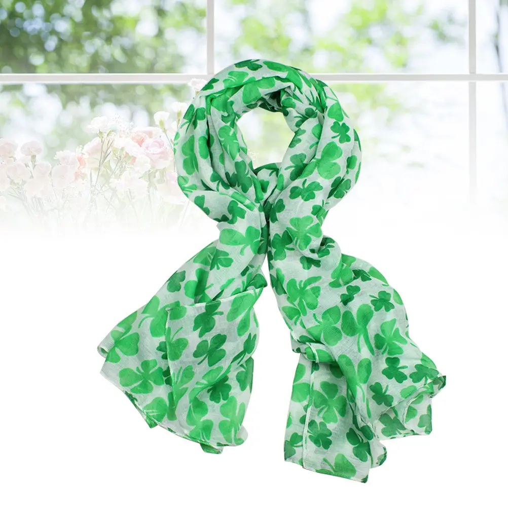 

Green Women Scarf Elegant Clover Pattern Printed Voile Lightweight Shawl for Casual Formal Occasions Lady Gift