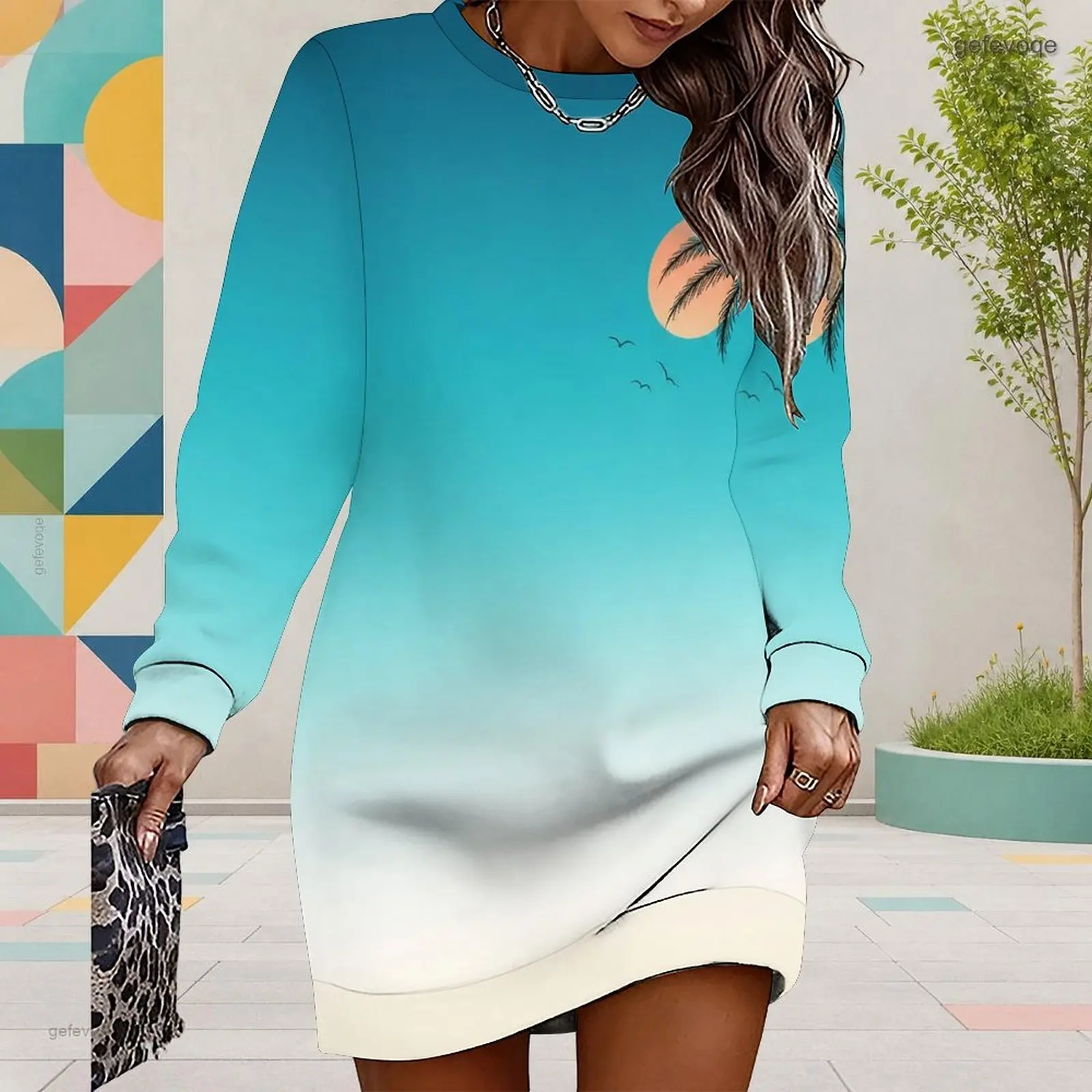 Women Round Neck Long Sleeve Printed Green Clover Watercolor Splash Sweatshirt Dress
