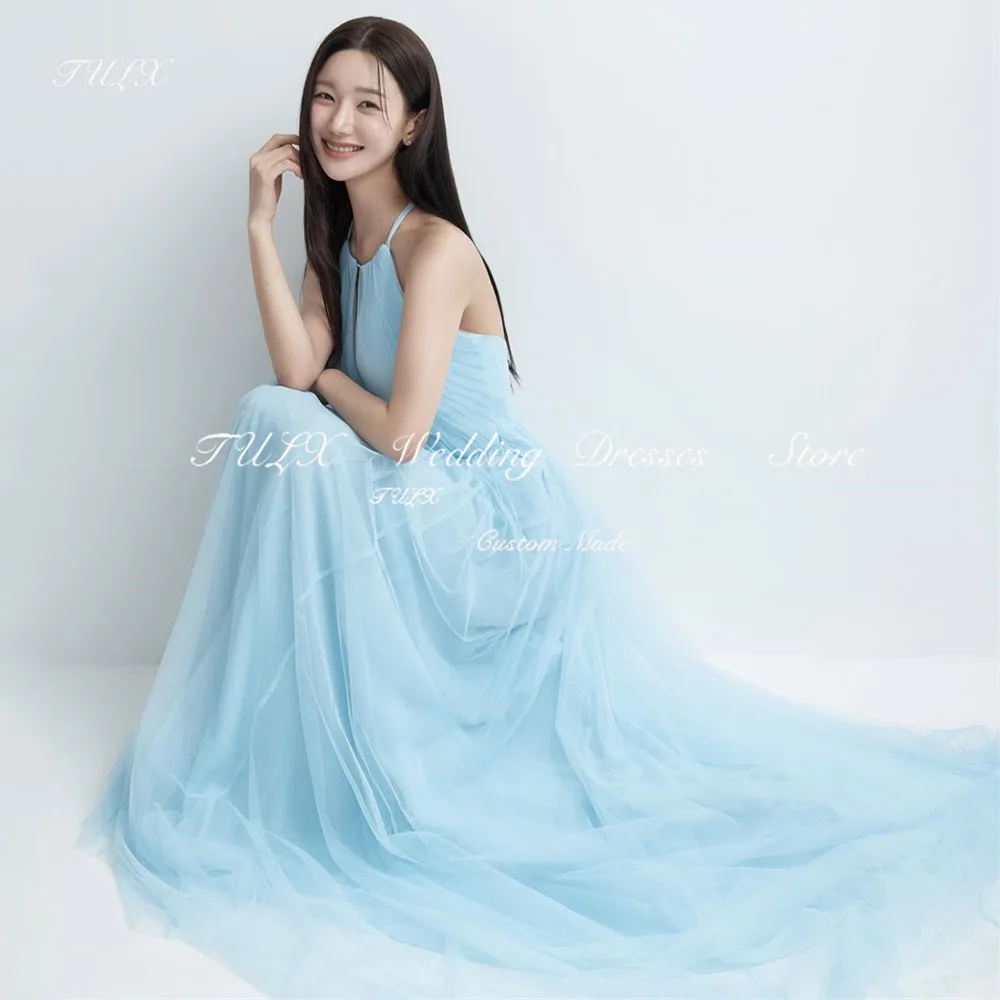 

TULX Fairy Halter Sleeveless Evening Dress Korea Wedding Photo Shoot Dresses A line Long Party Dress Bridal Evening Event Gown