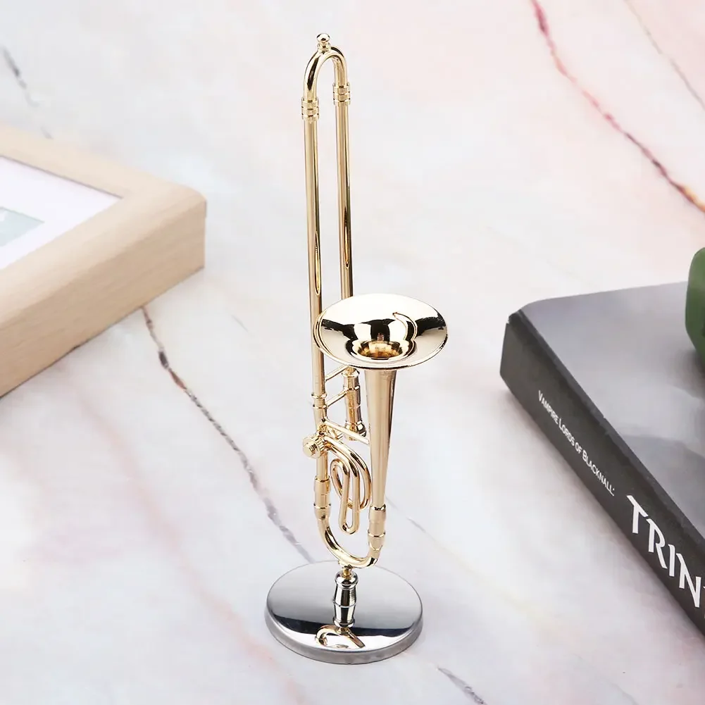 Miniature Trombone Replica With Stand And Case Gold Plated Instrument Model Musical Ornaments