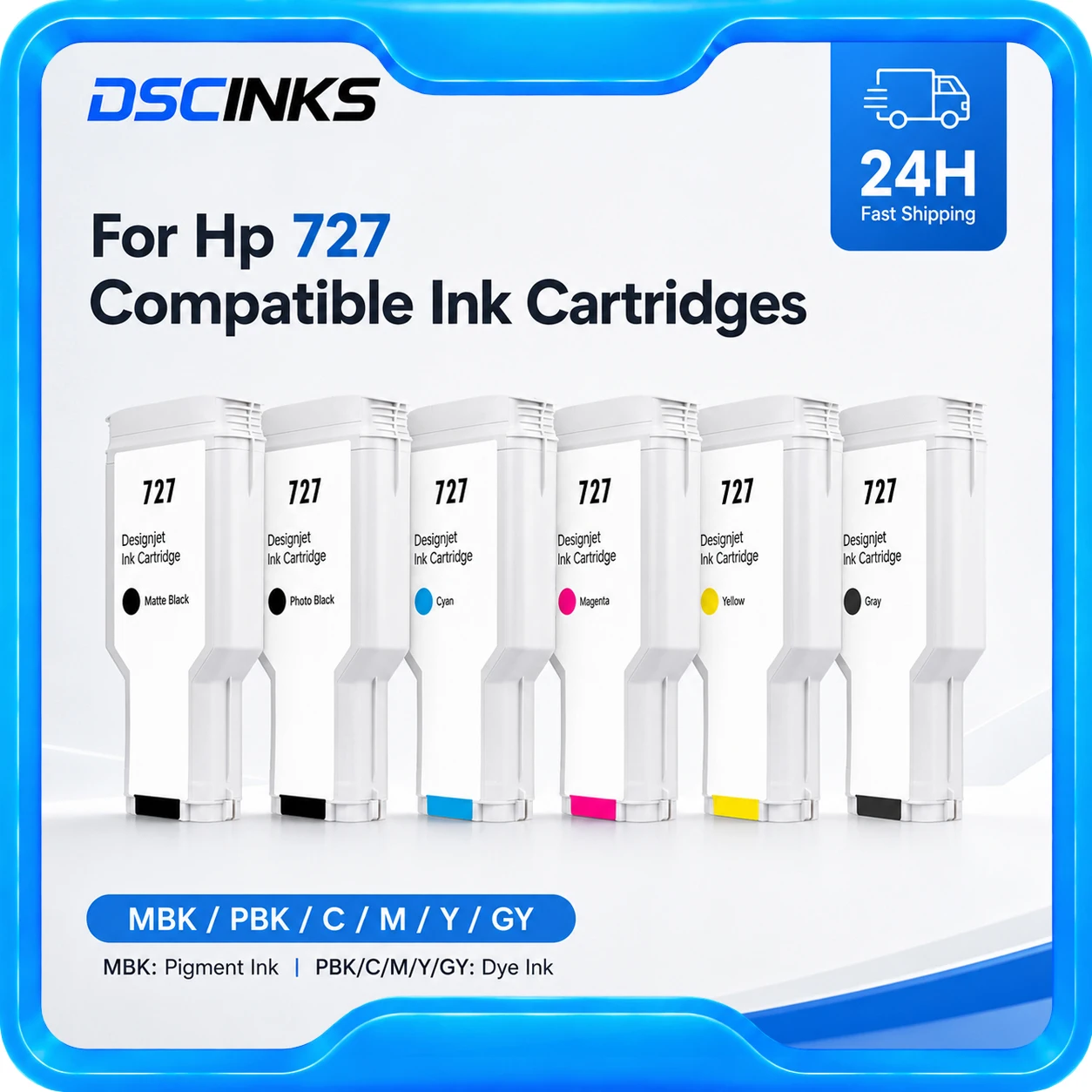 For HP 727 Compatible Ink Cartridges With 300ML Full Ink Chip T920 T930 T1500 T1530 T2500 T2530 F9J79A C1Q12A F9J76A 6Colors
