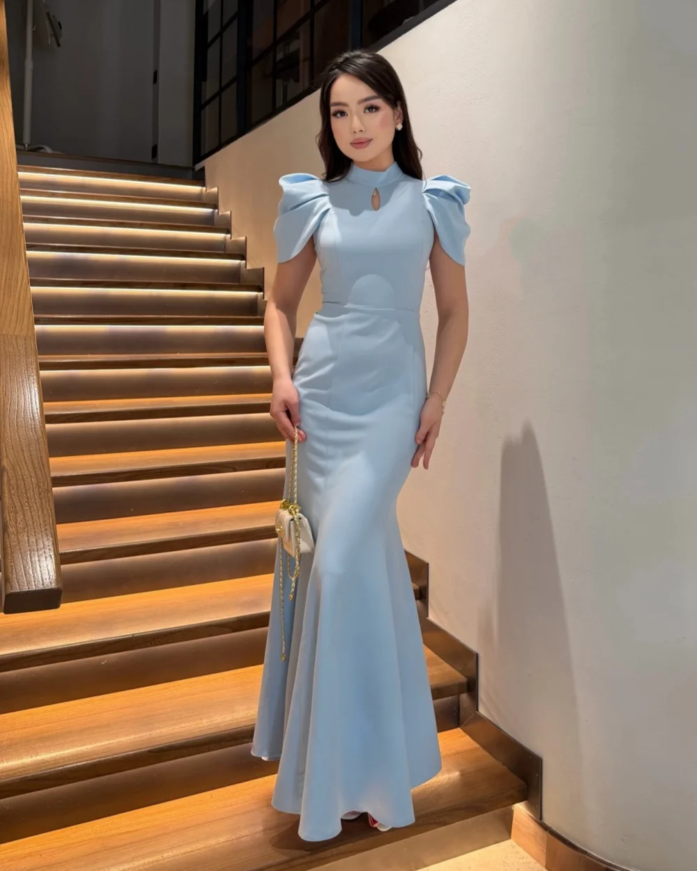 

Customized Modern Style Women Jersey Ruched Pleat Mermaid Evening Dresses Formal High Collar Short Sleeves Ankle Length Dresses