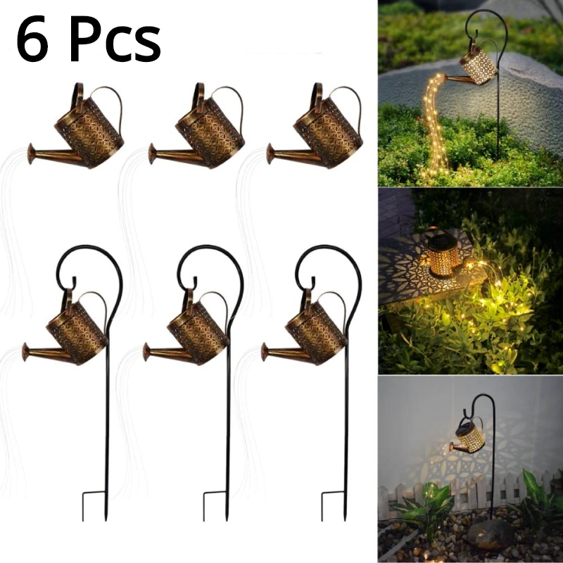 

6Pcs Gardens Solar Powered Lights Outdoor LED Watering Can Decorative Kettle Art Fairy String Hollow Shower Lawn Landscape Lamps