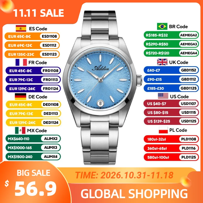ADDIES Quartz Women's Watch Luxury 31mm Sapphire Crystal 50m Waterproof Sport BGW9 Luminous Women Wristwatch Stainless Steel