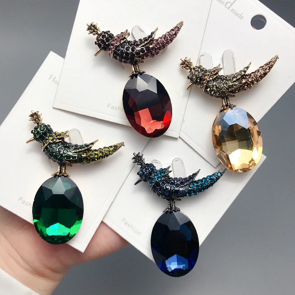 

Inokeey Big Water Drop Hummingbird Brooch Crystal Tassel Full Rhinestone Birds Brooch Luxury Jewelry Accessory