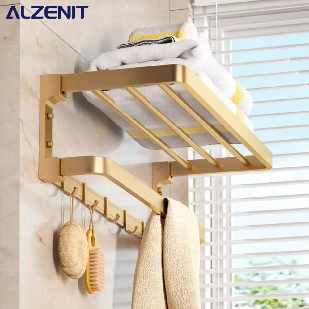

Golden Space Aluminum Towel Rack Toilet Shower Gel Storage Shelf Toilet Foldable Towel Holder Tissue Box Bathroom Accessory Set