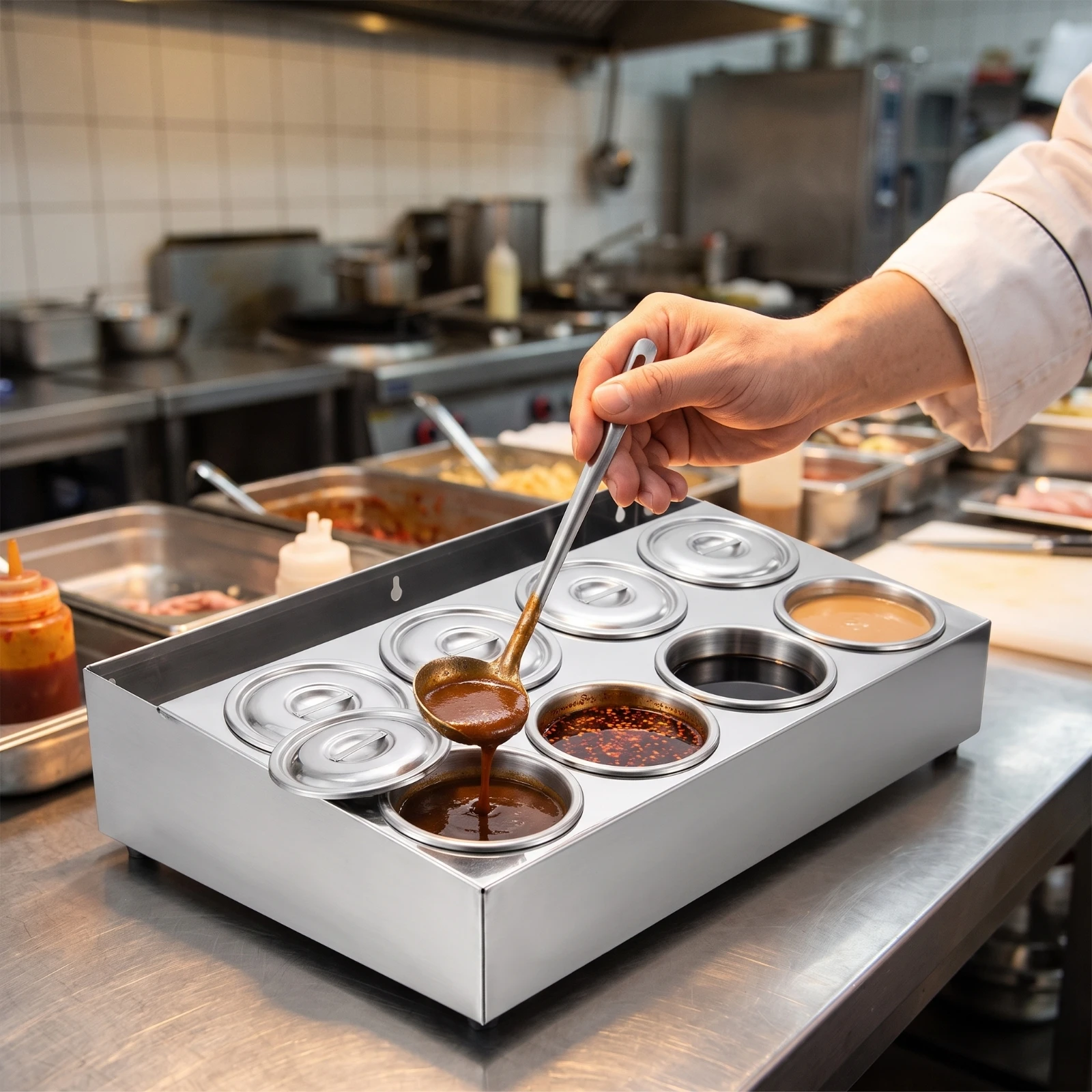 8-Compartment Seasoning Box Easy to Clean Condiment Station with Lids Stainless Steel Seasoning Tray Food-Safe for Chefs