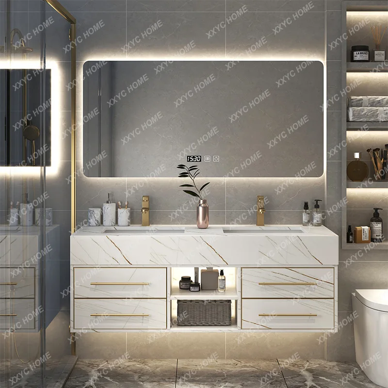 Solid wood bathroom cabinet rock slab washbasin toilet washbasin cabinet