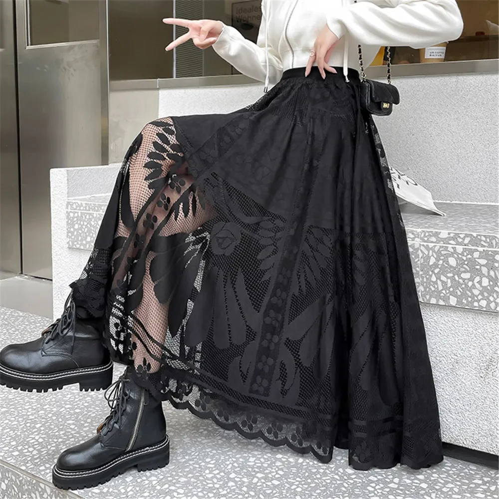 

Autumn Women'S Lace Mesh Long Skirt Elegant High Waist Black Big Swing Tulle Skirt Korean Loose All Match Pleated Skirt Clothes