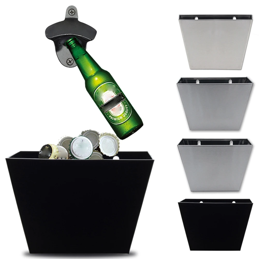 ABXF-Stainless Steel Bottle Opener Wall Mounted Beer Cap Catcher Storage Bucket Box With Screws For Kitchen Bar Holder Tool