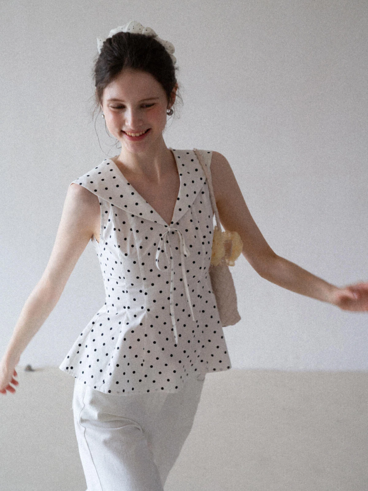 

Sweet Style Slim Fit Navy Collar Summer Top Women's Sleeveless Tank Top Outerwear Ageless Polka Dot Shirt Elegant Sweet Blouse