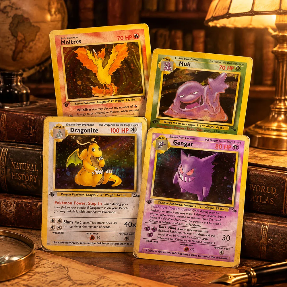 DIY TCG PKM Card 1999 Base 3 Fossil 1st Gengar Dragonite Articuno Moltres Muk Vintage Holo Anime Game Collection Cards Gift