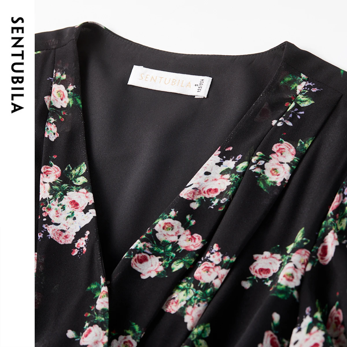 Sentubila Floral Dress Women's 2025 Summer V-neck Strap Waist Lace Up Short-sleeved Dress Chiffon Puff Sleeve Elegant Q52LF0035