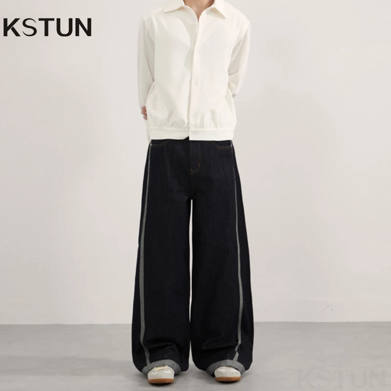 

KSTUN Original Denim Jeans Men Loose Fit Wide Leg Baggy Pants Size Stripes Designer Streetwear Trendy Patchwork Boys Trousers