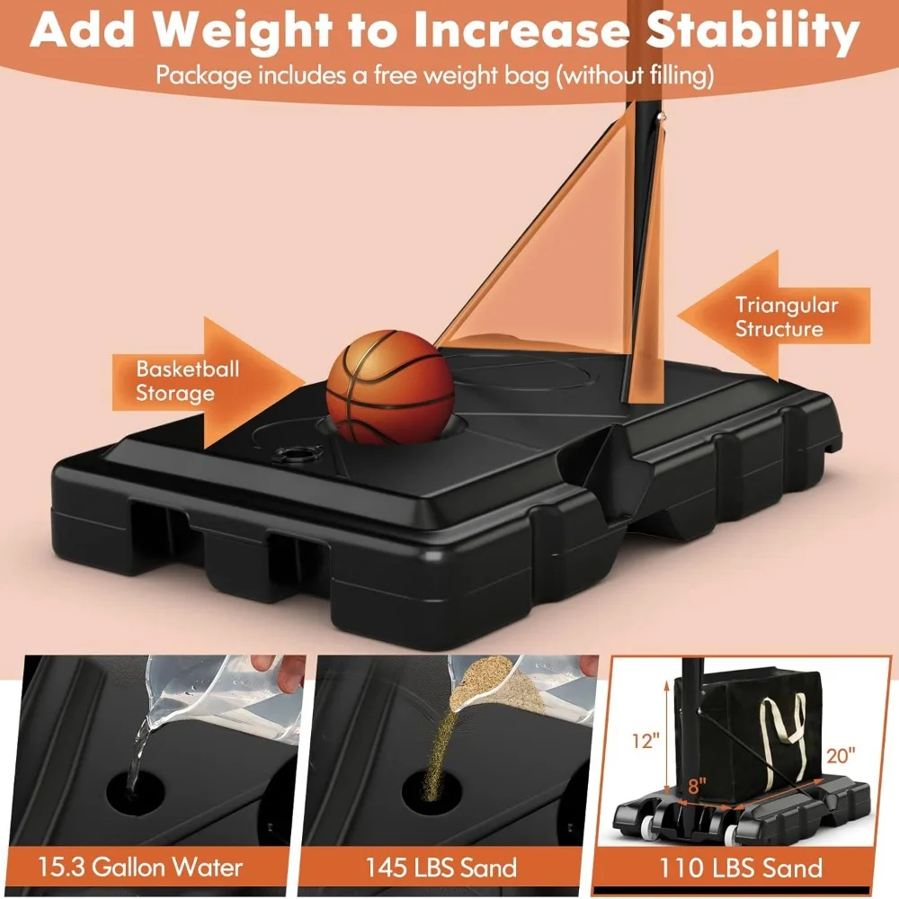 Soporte de baloncesto para exteriores de altura ajustable con tablero de respaldo 44, sistema con ruedas para adultos y durabilidad a largo plazo