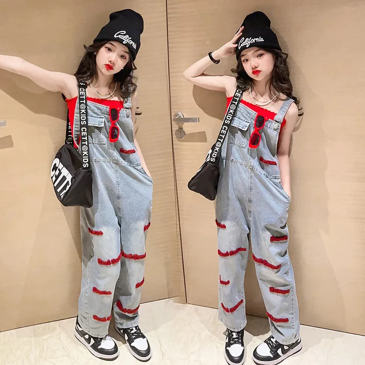 

Girls Denim Strap Pants Mesh Red Summer 2023 Kids Girls Jumpsuits Fashionable Jeans Pants only jeans Overall pant