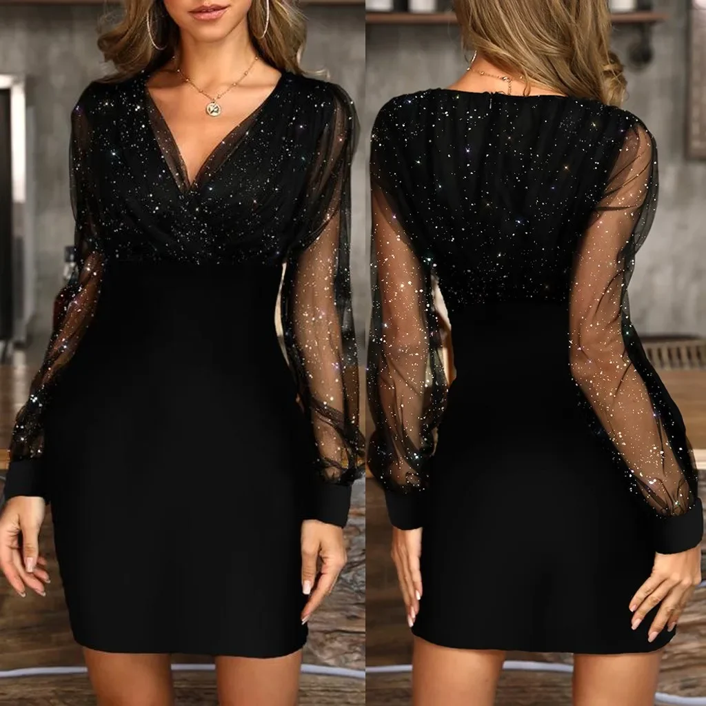 Elegant Dresses Women Sequins Sexy Bodycon Black Dresses Retro Mesh Long Sleeve Party Culb Mini Dress Female Wrap Dress Fall