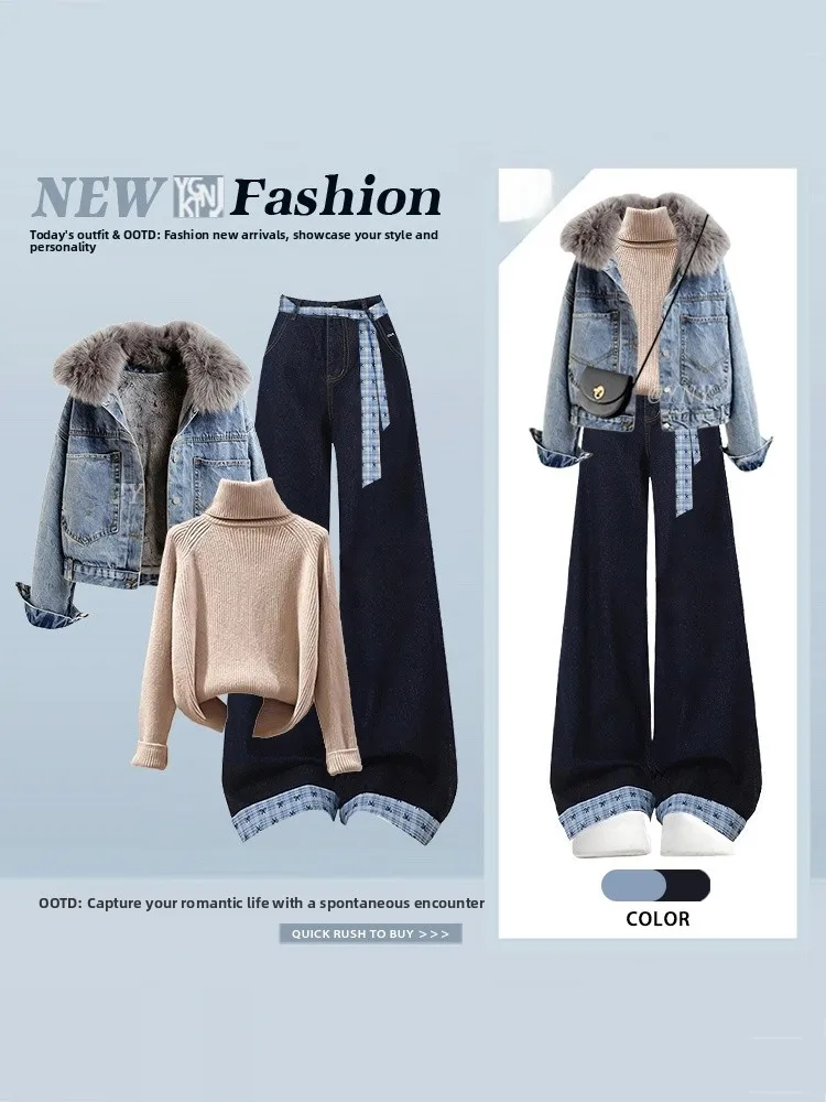 

Winter Thiened Retro Cotton Jaet High Collar Base Layer Jeans Wide Leg Pants Tee Piece Set Women's Faion Warm Clothing