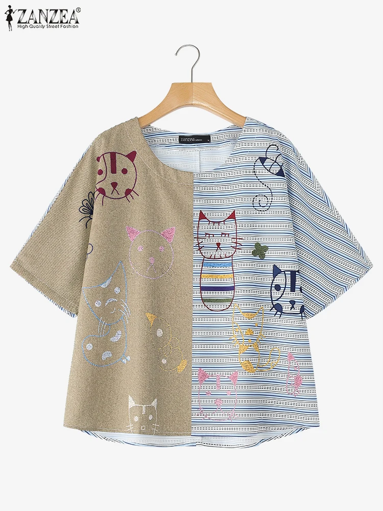 

ZANZEA 2025 Summer Fashion Vintage Cartoon Print Blouses Women Tops Half Sleeve Casual Blusas Female Loose Korean Stripe Shirts