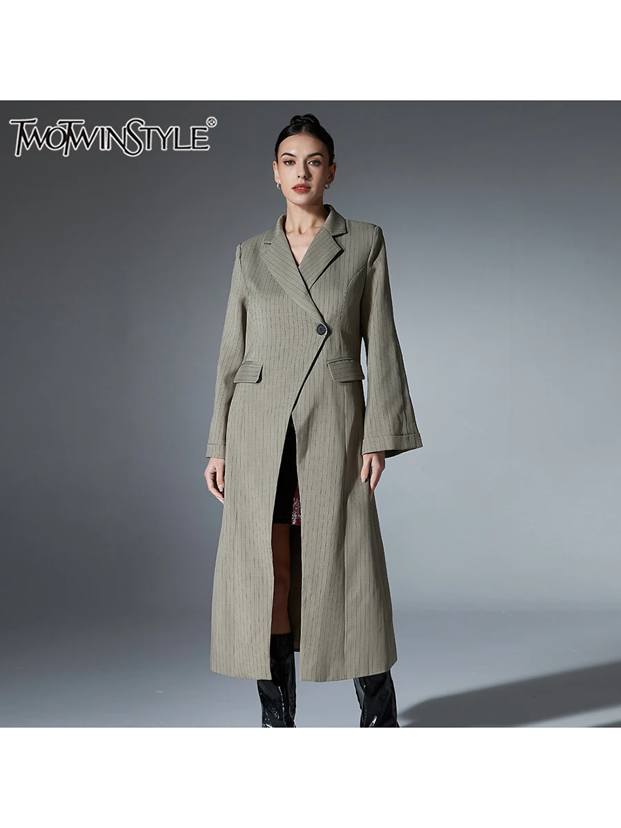 

TWOTWINSTYLE Striped Ptchwork Pockets Irregular Trench For Women Lapel Long Sleeve Spliced Button Chic Loose Long Coats Female