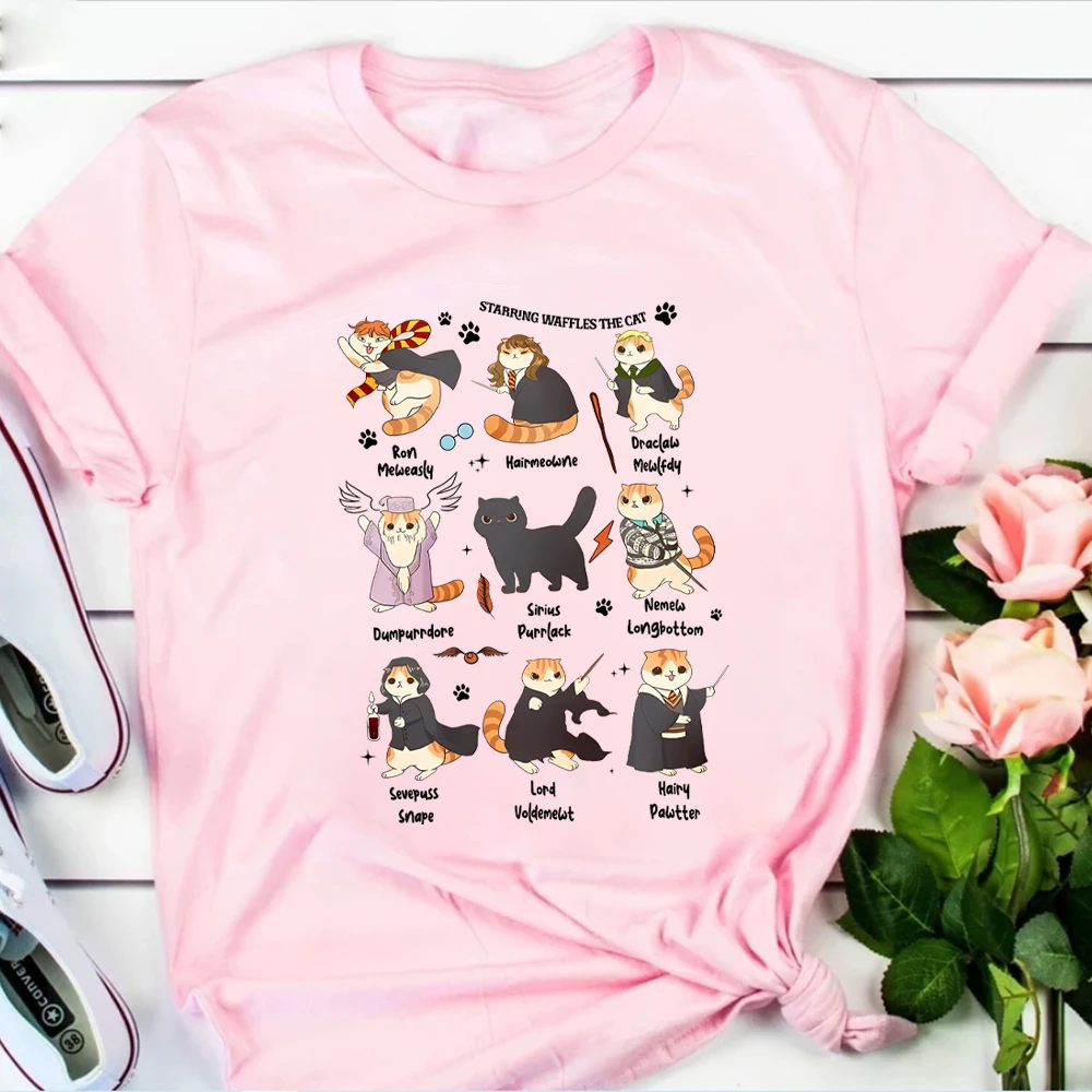 Cute Hairy Cats T-shirt Funny Cats Shirt Kawaii Wizard Book Lover Tee Cat Lover Top Magic Short Sleeves Tops Gift for Cat Owner