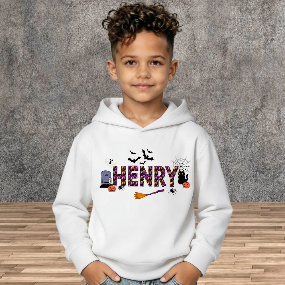 Children Trick or Treat Personalized Hoodies Custom Kids Halloween Name Sweatshirt Cotton Long Sleeve Boys Girls Toddler Tops