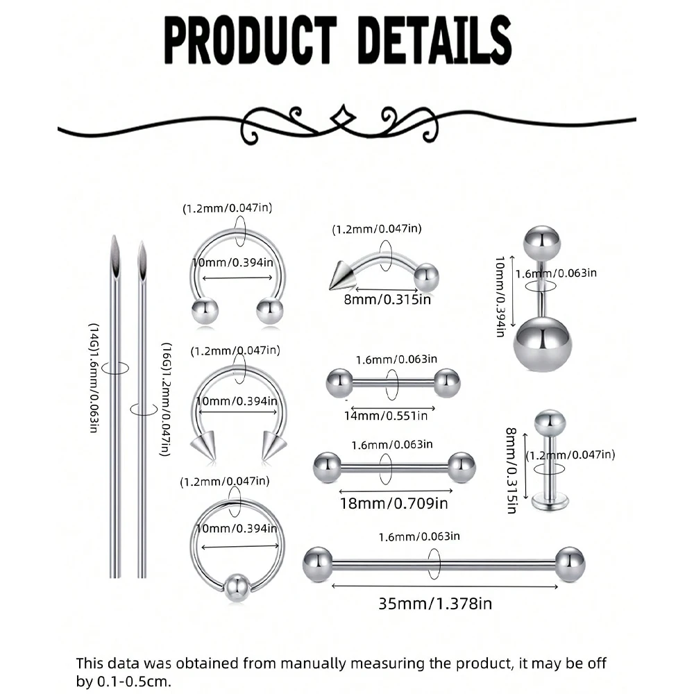 Stainless Steel Piercing Kit 14G/16G Belly Button Piercing Kit Septum Piercing Kit Lip Tongue Nipple Ear Piercing Kit