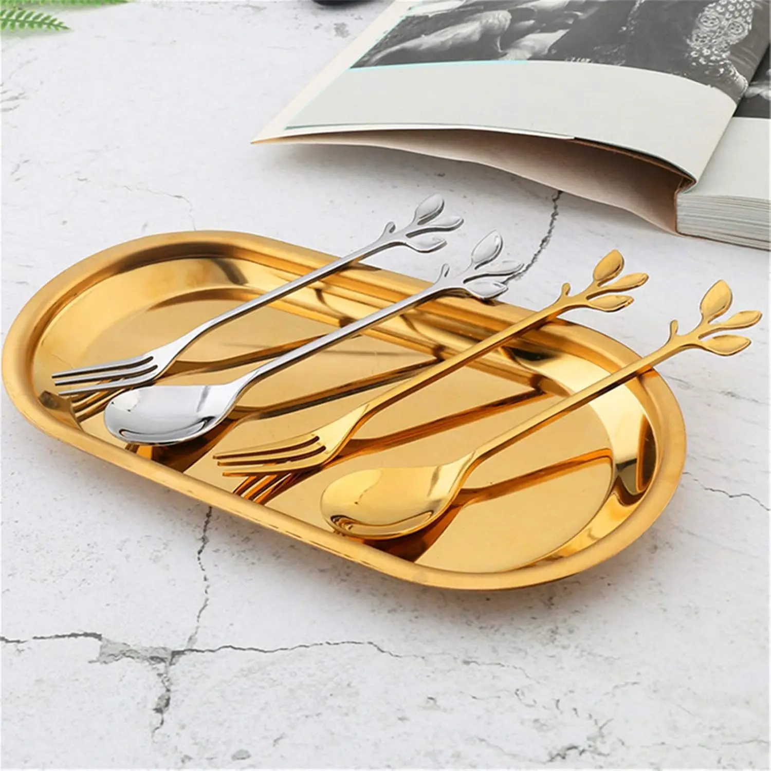 Gold Leaf Coffee Spoon Set of 4, Ice-Cream Tea Stirring Spoons 4.7 Inches Retro Dessert Demitasse Espresso Spoons Cutlery  Table