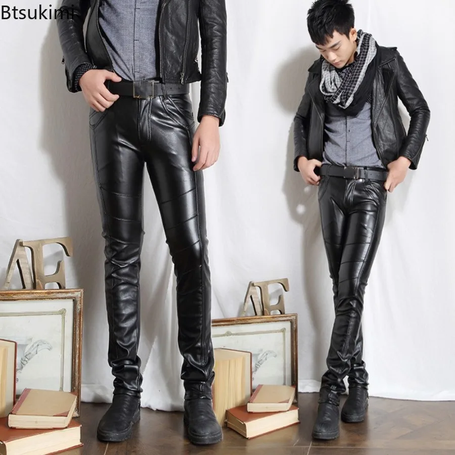 

Autumn Winter Men's Fashion Rock Style PU Leather Pants Night Club Dance Casual Pants Faux Leather Slim Motorcycle Trousers Male