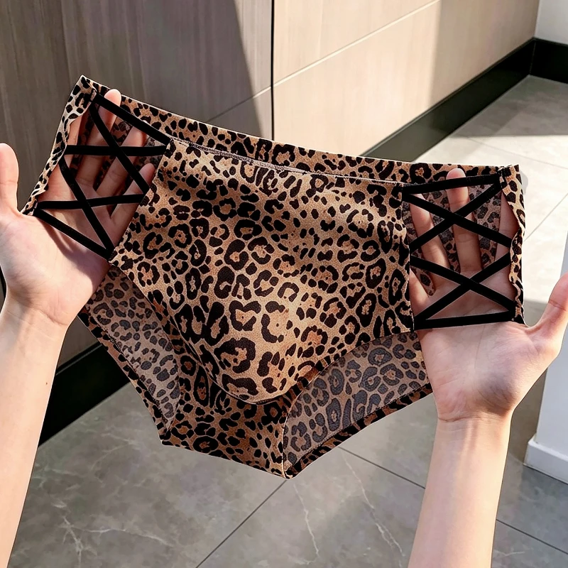Men's Sexy Briefs Cross Hollow Ice Silk Leopard Print Panties 3d Bulge Pouch Underwear Sissy Lingerie Erotic Hombre Feminization