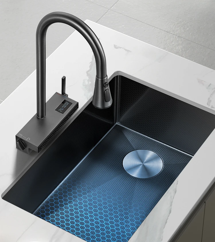 

Japanese digital display nano black waterfall sink 304 stainless steel large single tank kitchen sink sink sink basin