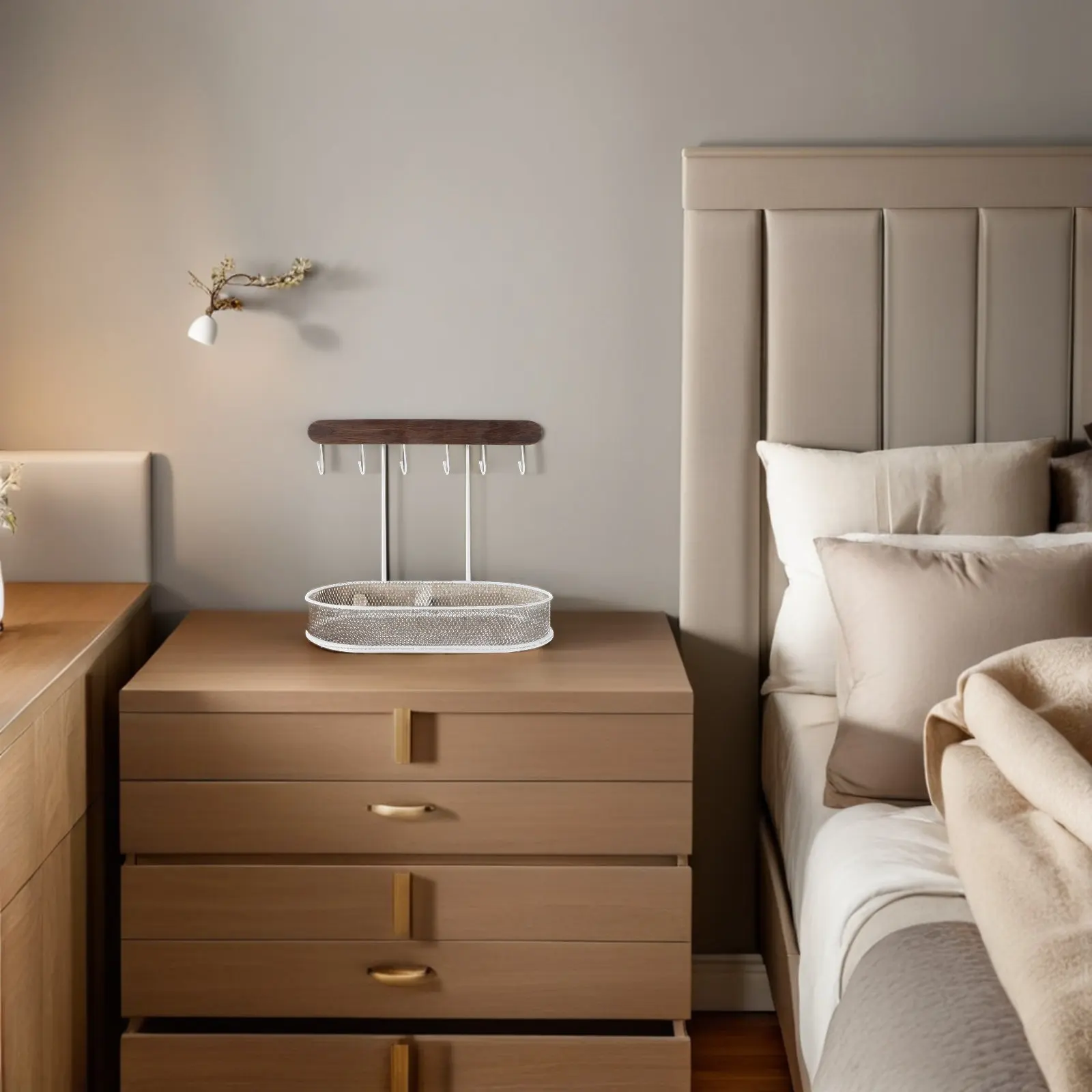 

Elegant Tabletop Jewelry Organizer with 6 Hooks Oval Tray for Necklaces Bracelets Earrings Rings Watches Keys Entryway Desk